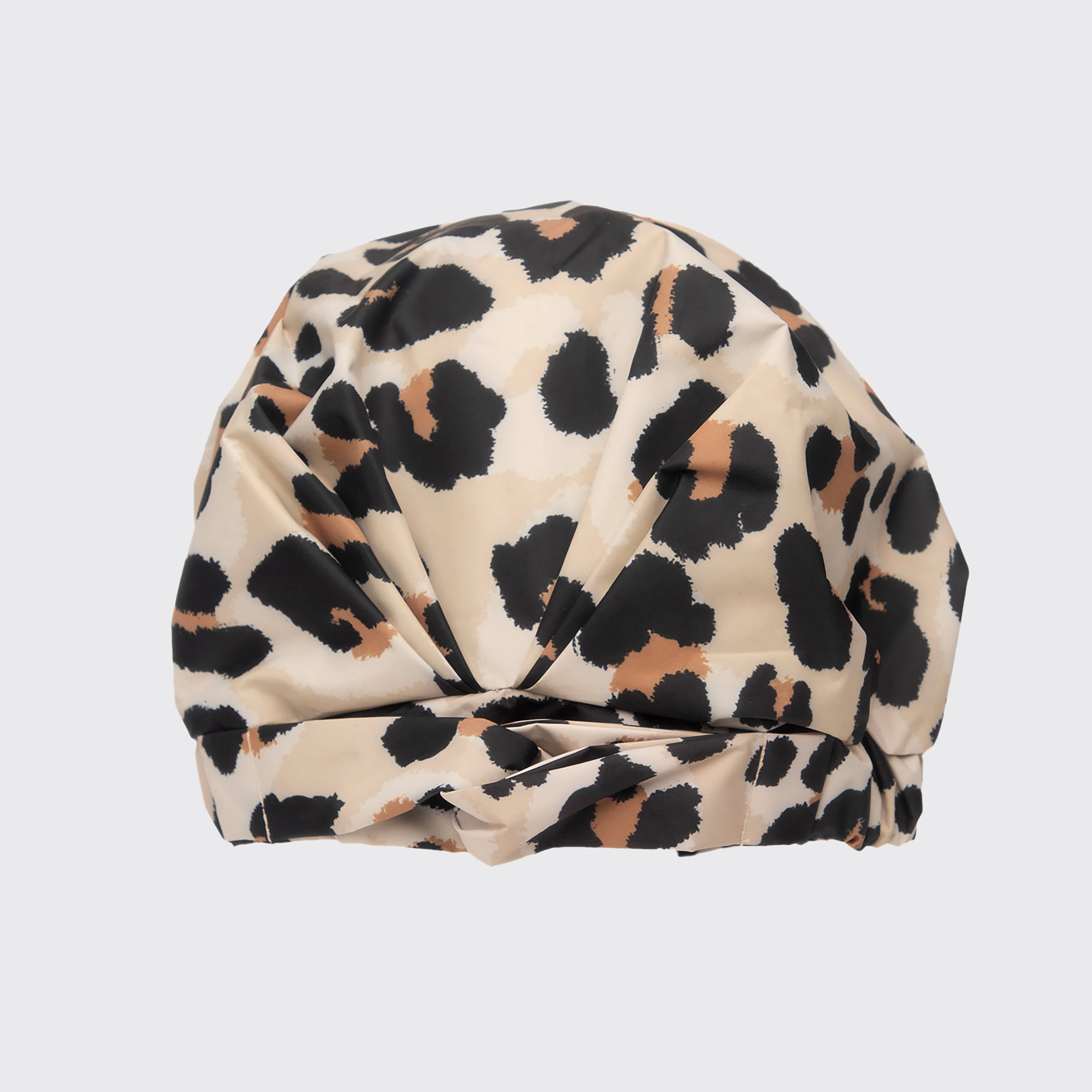Elegant Leopard Print Luxury Shower Cap for Ladies, perfect for the sophisticated shower cap lady seeking stylish and high-quality luxury shower caps.