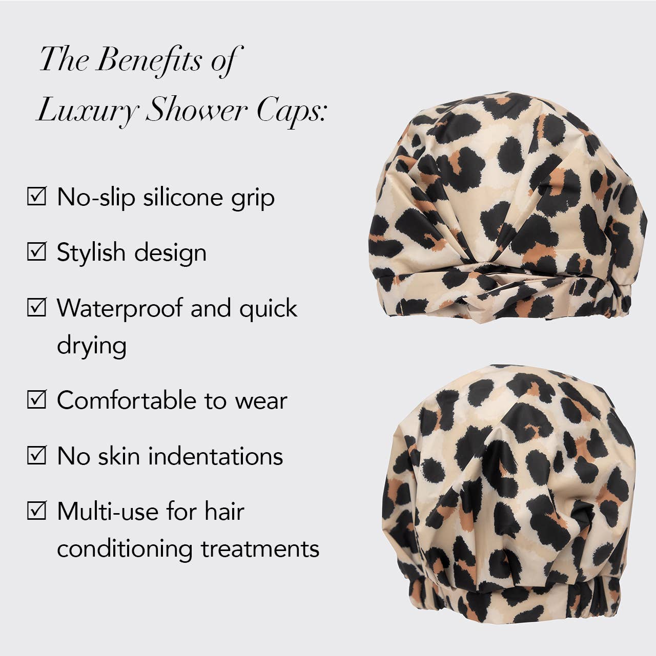 Elegant Leopard Print Luxury Shower Cap for Ladies, perfect for the sophisticated shower cap lady seeking stylish and high-quality luxury shower caps.